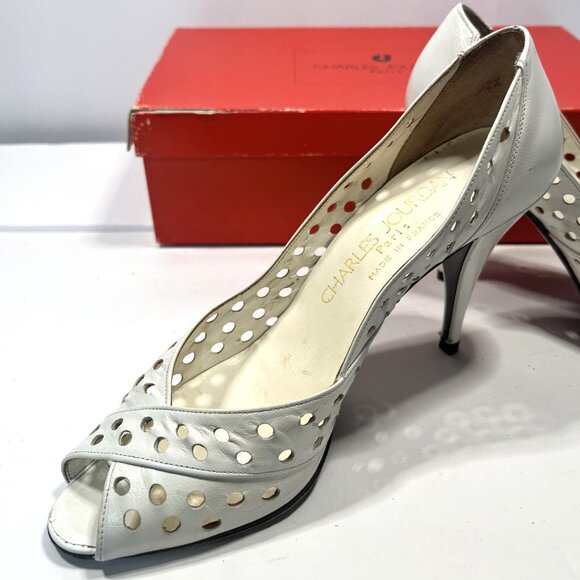 CHARLES JOURDAN PARIS White Perforated Leather Open Toe Women's Heels 7-1/2 - Picture 2 of 11